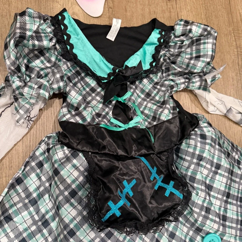 Good Dark Doll Costume Kids Small 4-6 Plaid Spooky Broken Porcelain Mask Set